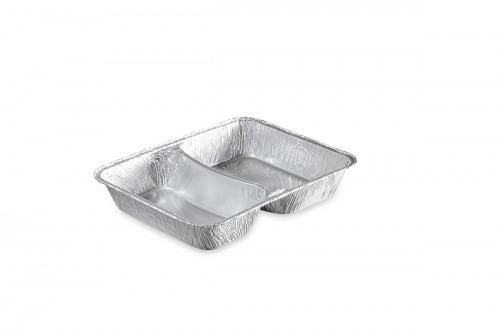 Barquette à 2 compartiments rectangulaire gris aluminium 22,7x17,7x3,8 cm 550 cl (100 pièces)