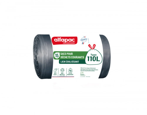 Sac à déchets avec lien coulissant plastique gris 110 L 37 microns Alfapac (15 pièces)